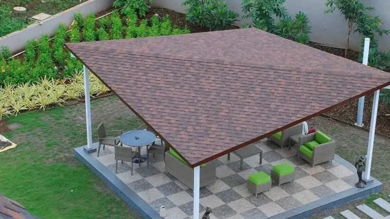 Outdoor gazebo canopy finished with roofing shingles in Chennai