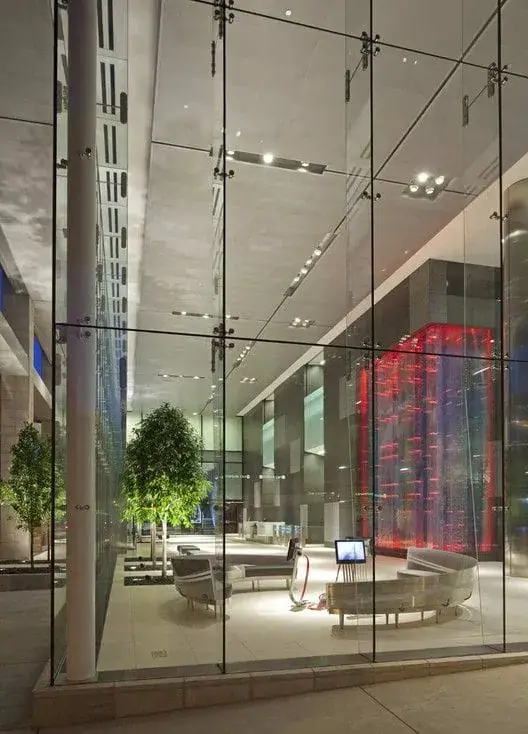 Frameless structural glass facade on an office building